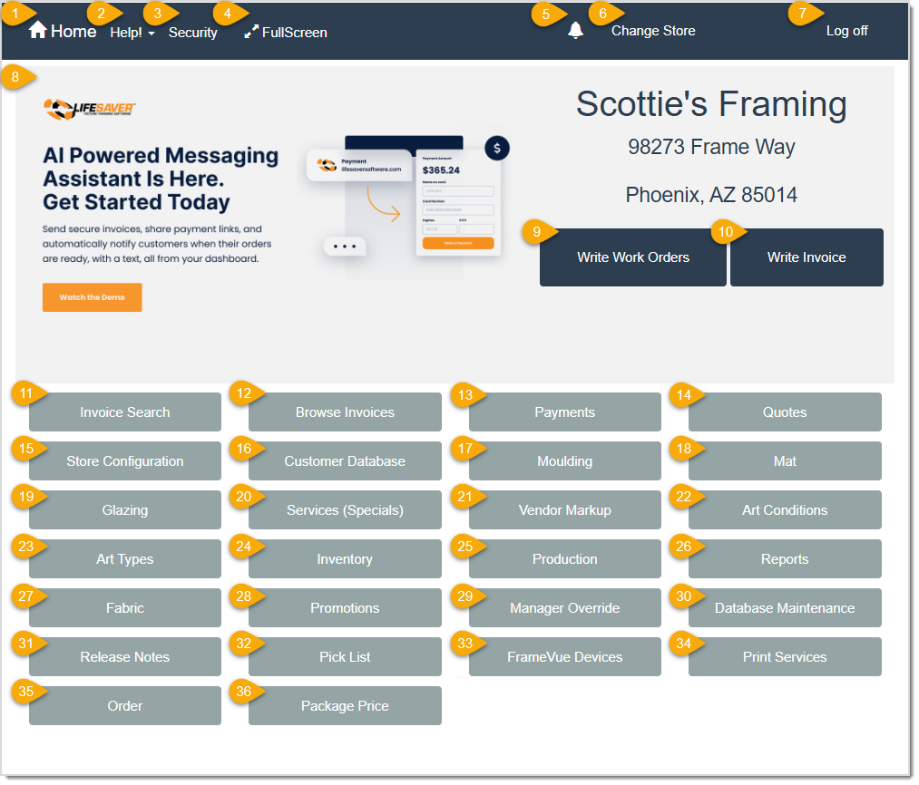 Image displaying the LifeSaver framing software Home page with key features highlighted.