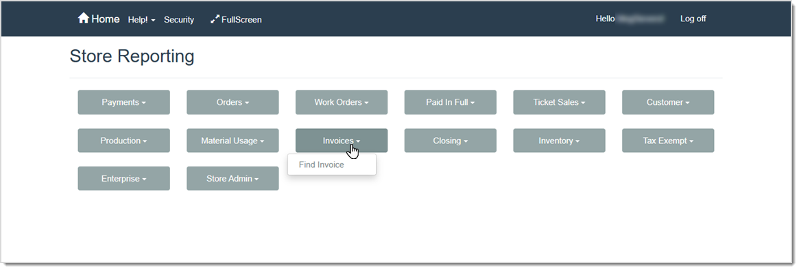 Image showing the selection of the Find Invoice report using the Invoices report button on the Store Reporting page in the LifeSaver software.