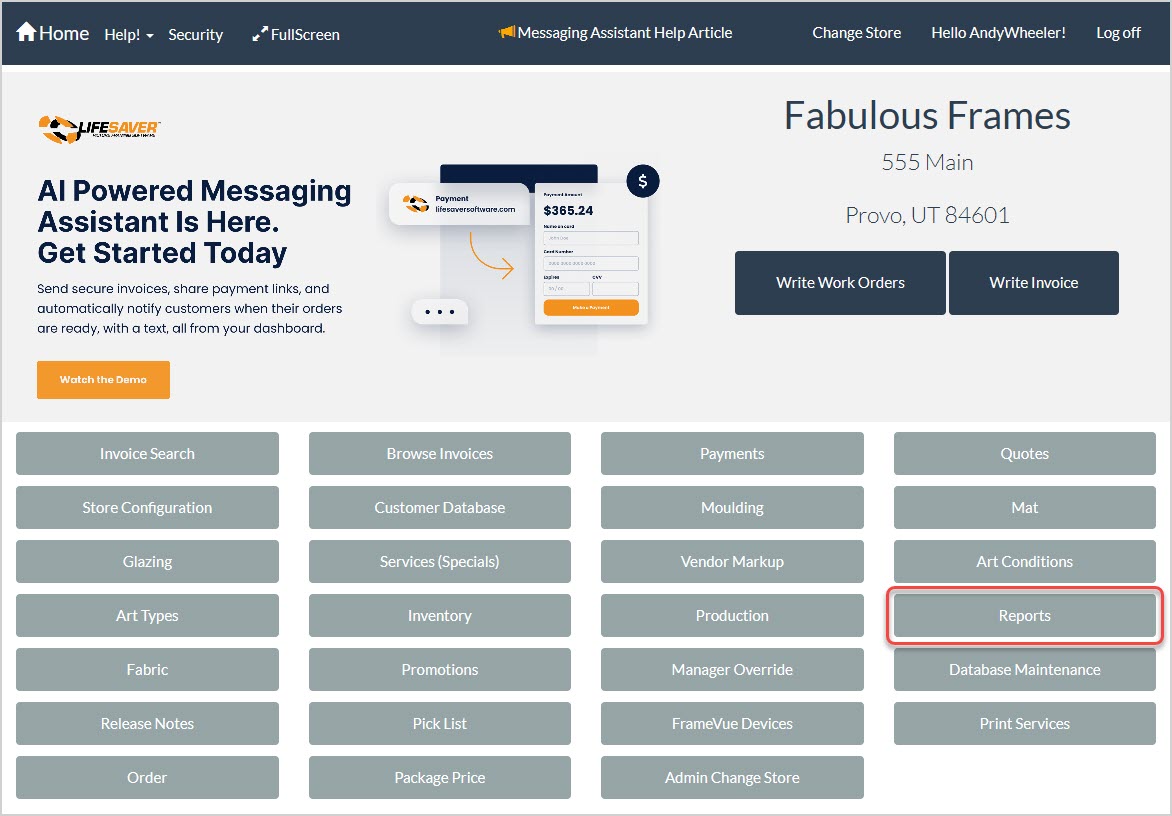 Image showing the Reports button of the LifeSaver system’s Home page.