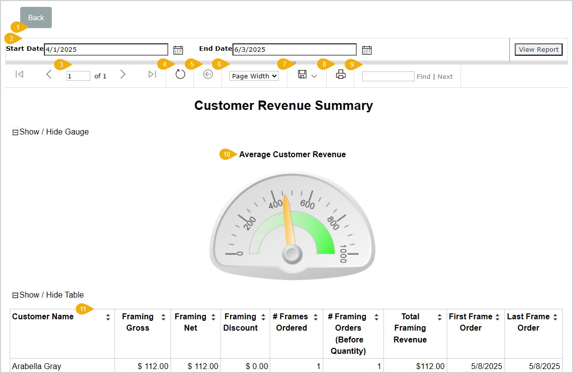 Image showing the Customer Revenue report page in the LifeSaver system with major functions highlighted.