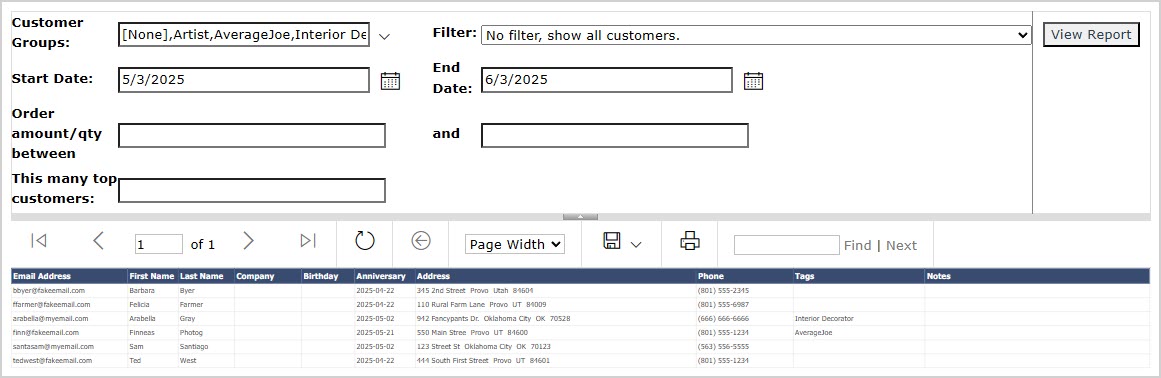 Image showing the Constant Contact Export page in the LifeSaver system.