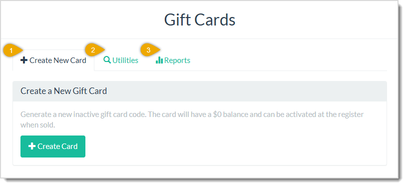 Image showing the Gift Cards page of the LifeSaver Software system with major areas highlighted.