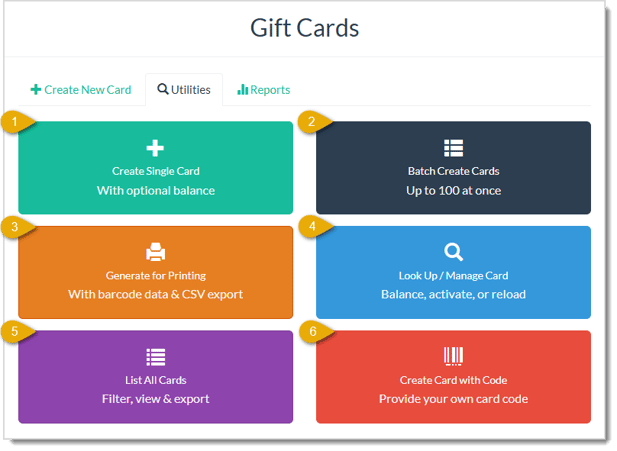 Image showing the Utilities tab of the Gift Cards page of the LifeSaver Software system.