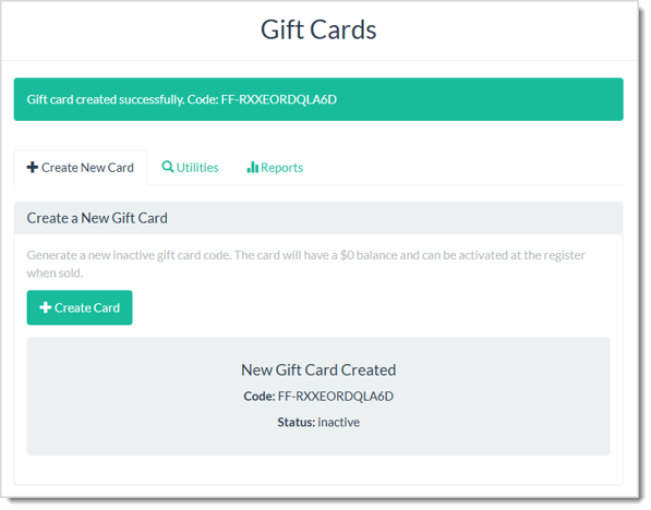 Image showing a newly created Gift Card code on the Gift Cards page of the LifeSaver Software system.