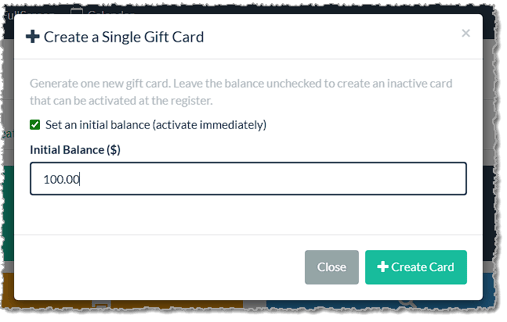 Image showing the Gift Card creation utility in the LifeSaver Software system.