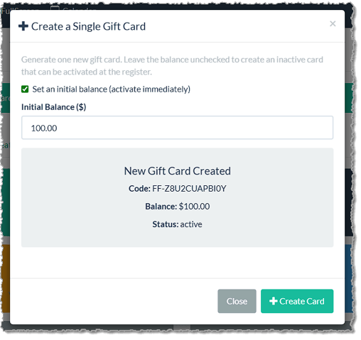 Image showing a successfully created Gift Card code in the Gift Card creation utility in the LifeSaver Software system.