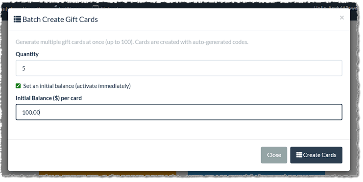 Image showing the Batch Create Gift Cards utility in the LifeSaver Software system.