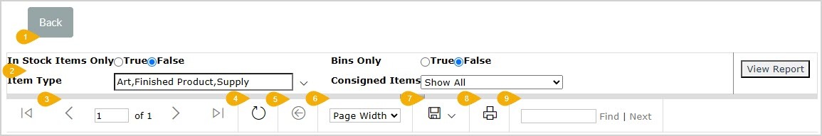 Image showing the top of the Inventory Details report page in the LifeSaver system with major functions highlighted.