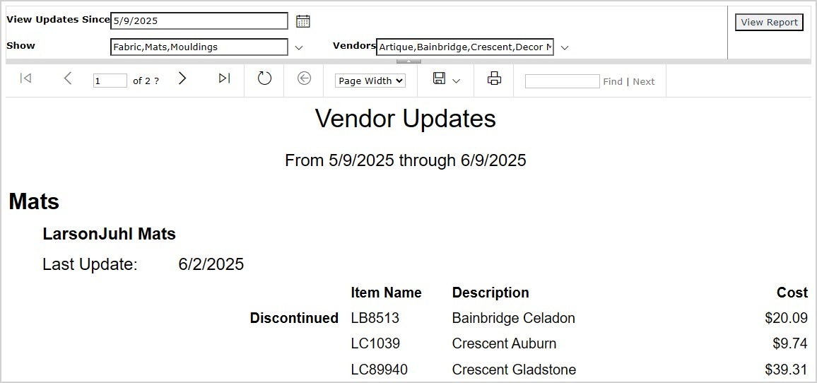 Image showing the Vendor Updates report page in the LifeSaver system.