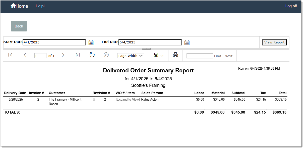 Image displaying the Delivered Order Summary Report.