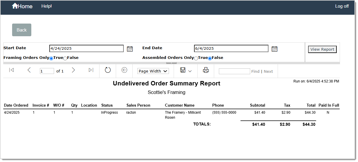 Image displays the Undelivered Order Summary Report.