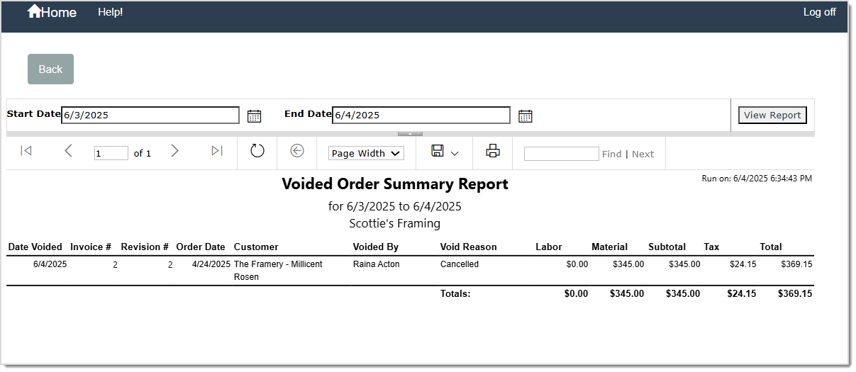 Image displays the Voided Order Summary Report.