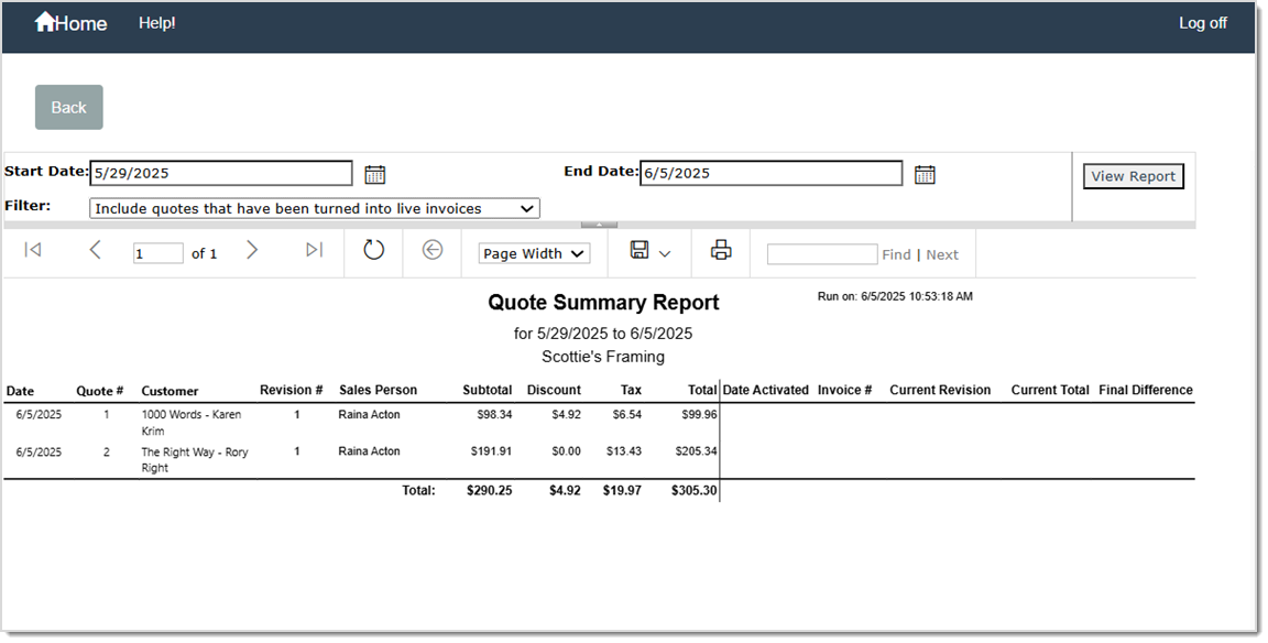 Image displaying the Quote Summary Report.