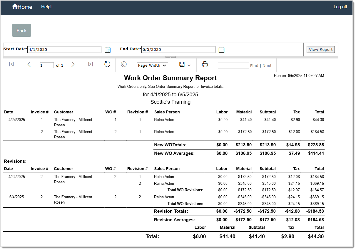 Image displaying the Work Order Summary Report.