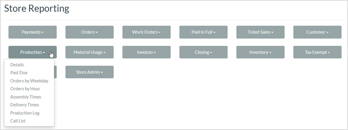 Image showing the reports in the Production area of the Store Reporting page of the LifeSaver system.