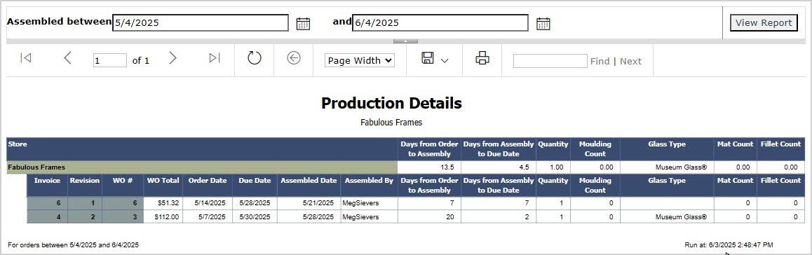 Image showing the Production Details report data in the LifeSaver system.