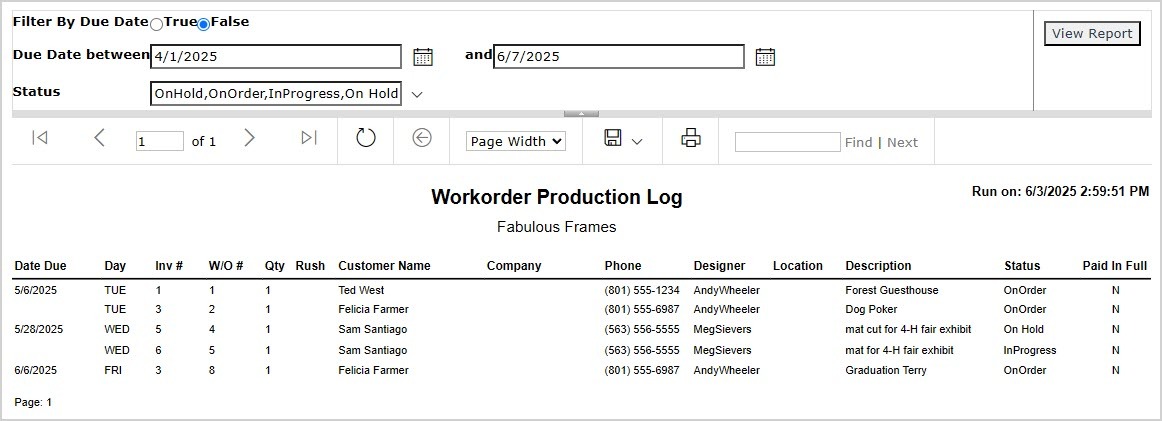 Image showing the Production Log report page in the LifeSaver system.