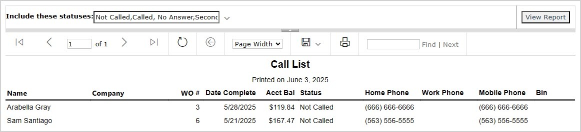 Image showing the Call List report page in the LifeSaver system.