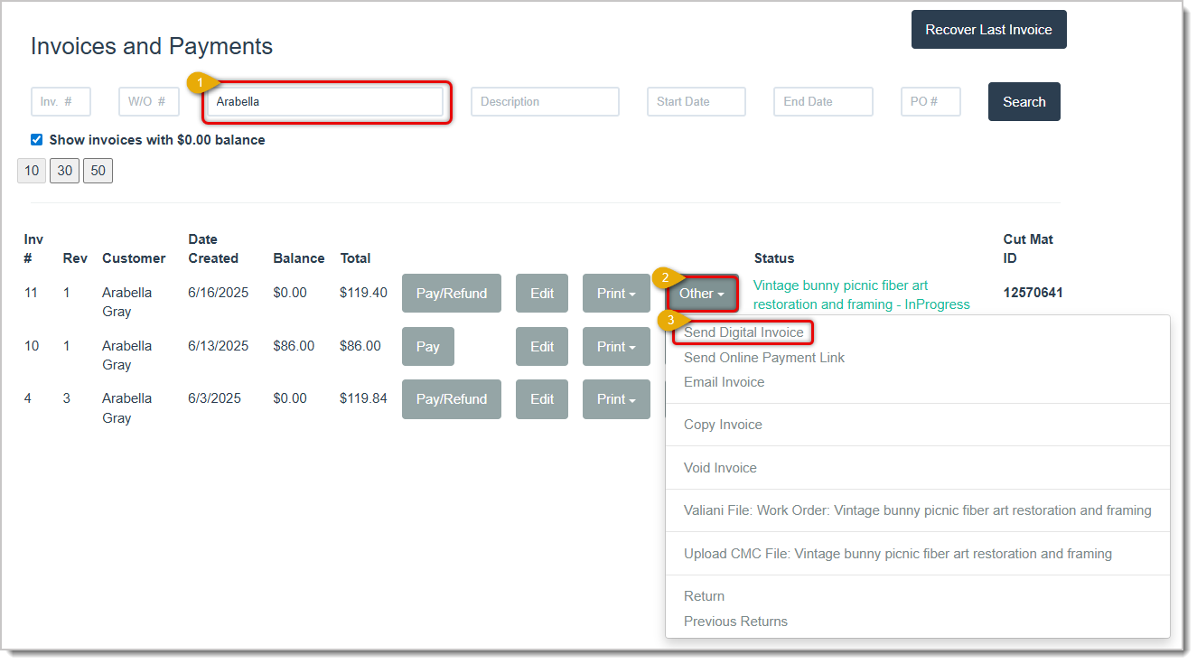 Image showing the steps to send a digital invoice receipt link to a customer via SMS text message in the LifeSaver system's Invoices and Payments page.