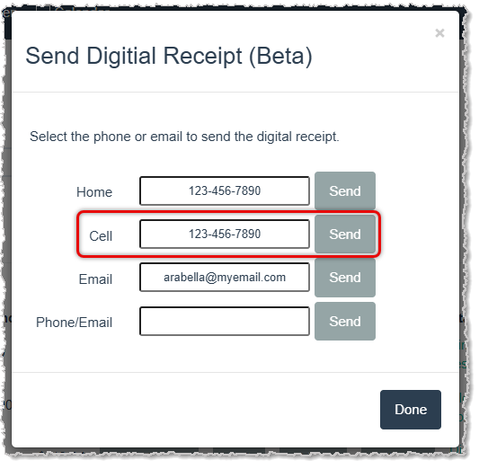 Image showing the function to send a link to an invoice receipt to a customer's cell phone from the LifeSaver system.