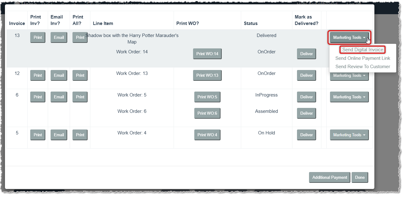 Image showing the invoice receipt window of the LifeSaver system with the Marketing Tools option to Send Digital Invoice highlighted.