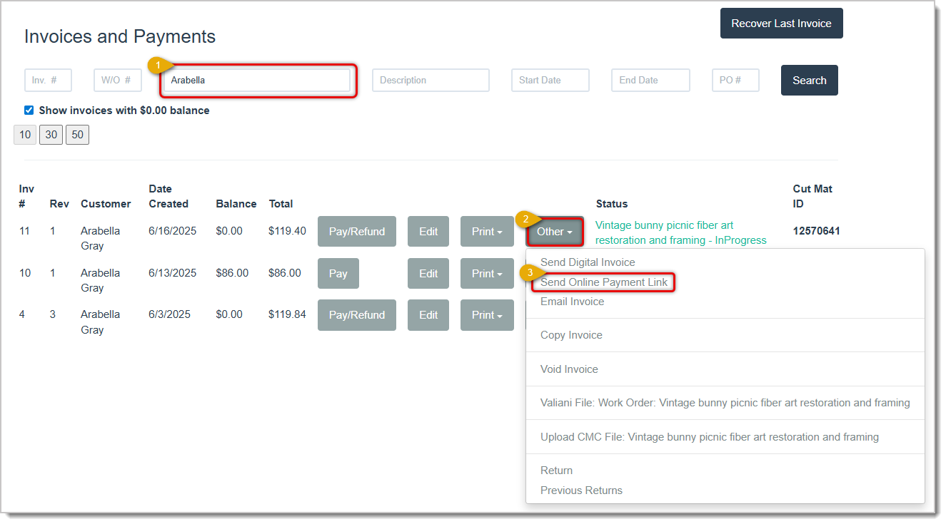 Image showing the steps to send a digital invoice payment link to a customer via SMS text message in the LifeSaver system's Invoices and Payments page.