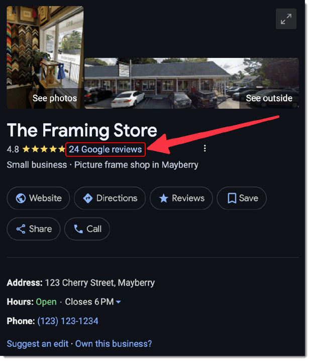 Image showing how to access your Google reviews in a Google search result for your business.