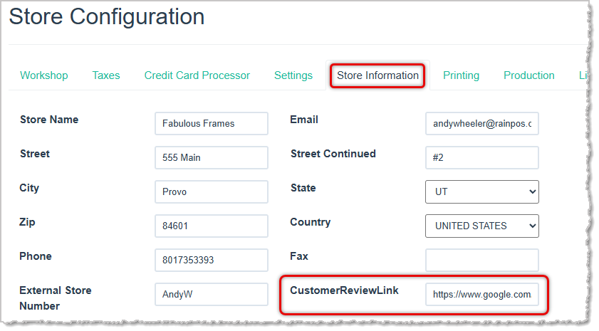 Image showing the Store Information tab of the Store Configuration page of the LifeSaver system with the Customer Review Link area highlighted.