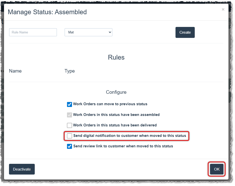Image showing how to set a status to send a customer notification in the LifeSaver system.
