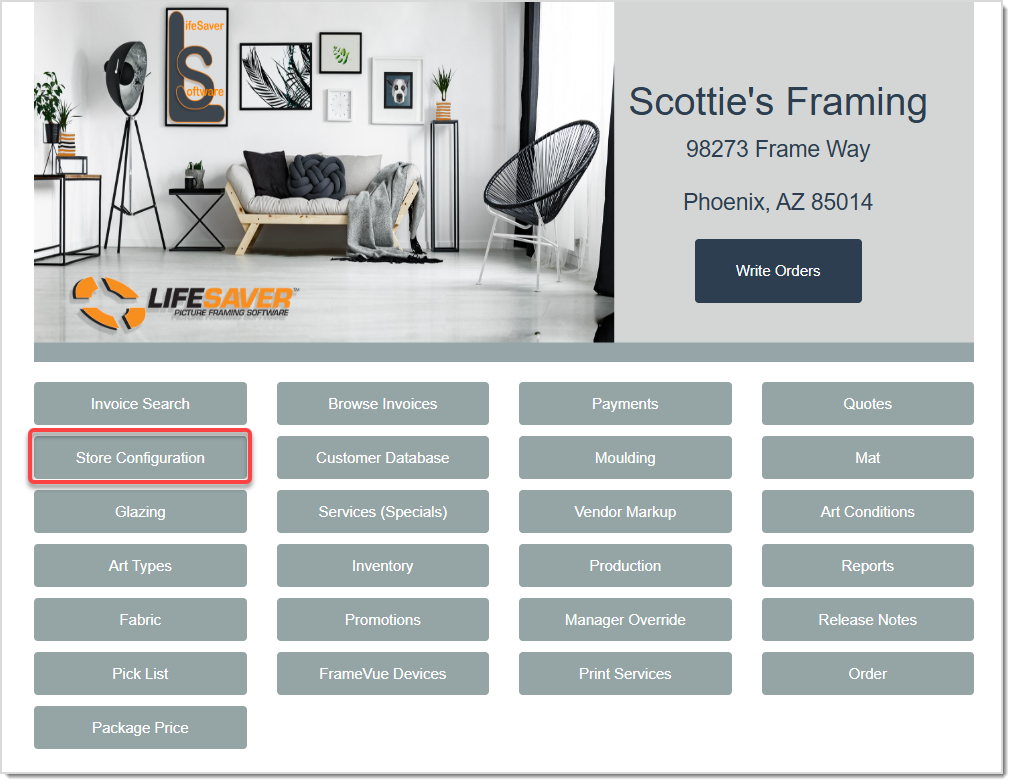 Image displaying the LifeSaver Home page, highlighting the Store Configuration button.