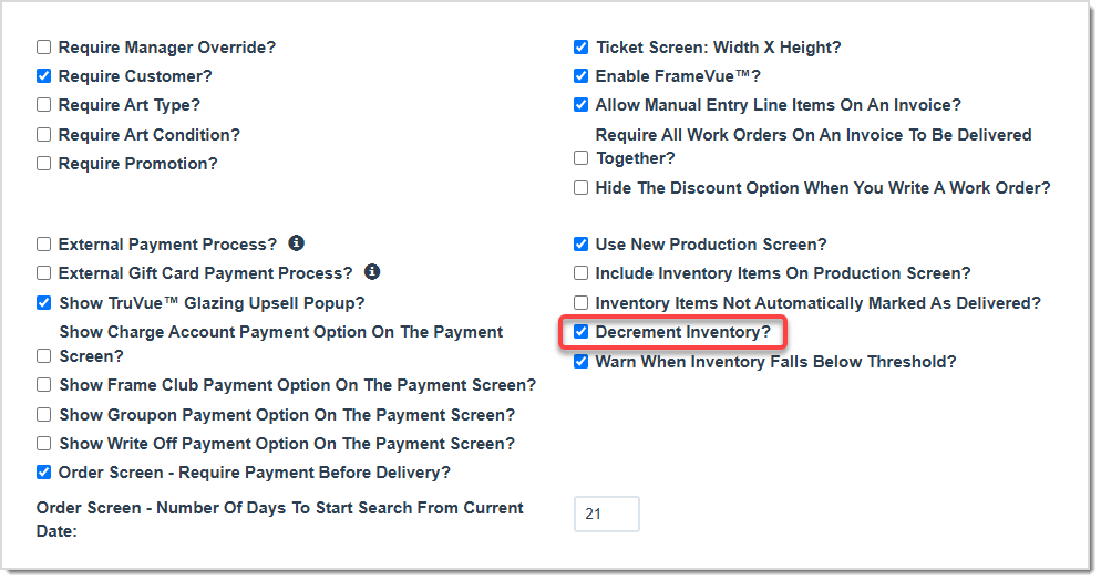 Image displaying the Settings tab of the Store Configuration page of the LifeSaver system with the Decrement Inventory setting highlighted.