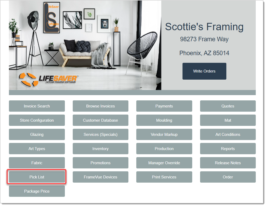 Image displaying the LifeSaver Home page, highlighting the Pick List button.