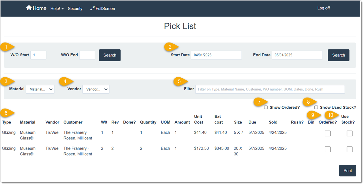 Image displaying the Pick List page of the LifeSaver software with major features highlighted.