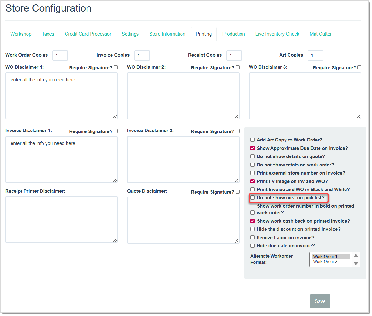 Image displaying the Printing tab on the Store Configuration page, highlighting the show cost on pick list checkbox.