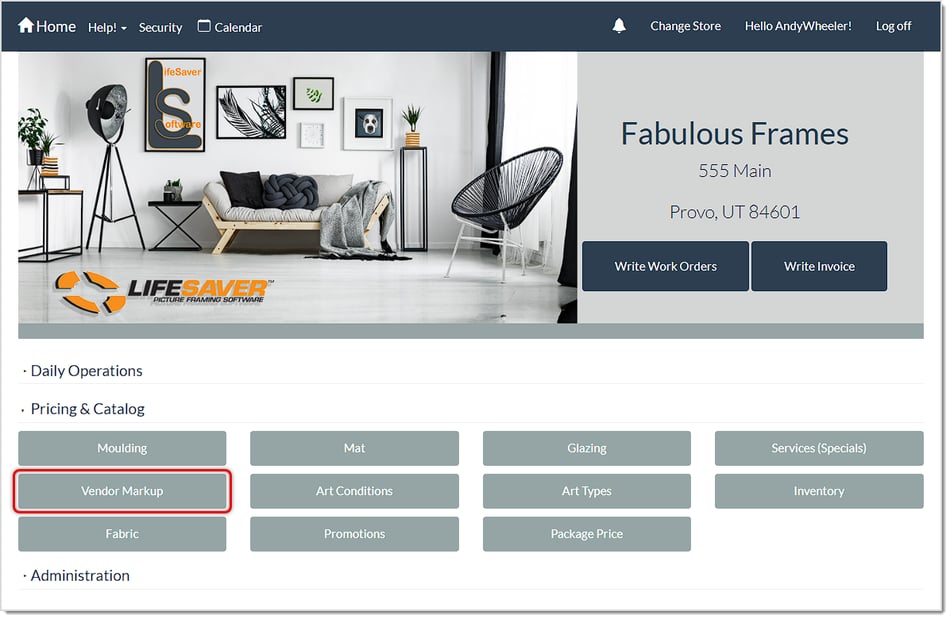 Image showing the Vendor Markup option on the Home page of the LifeSaver Software system with the Moulding Matrix Pricing button highlighted.