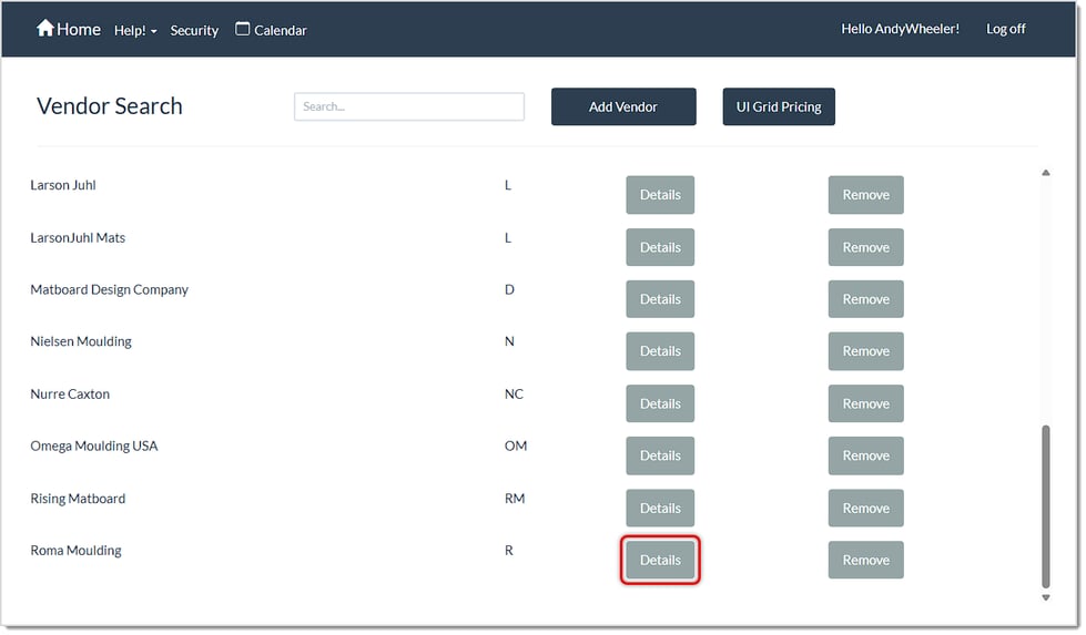 Image showing the Vendor Markup page with a Vendor's Details button highlighted in the LifeSaver Software system.