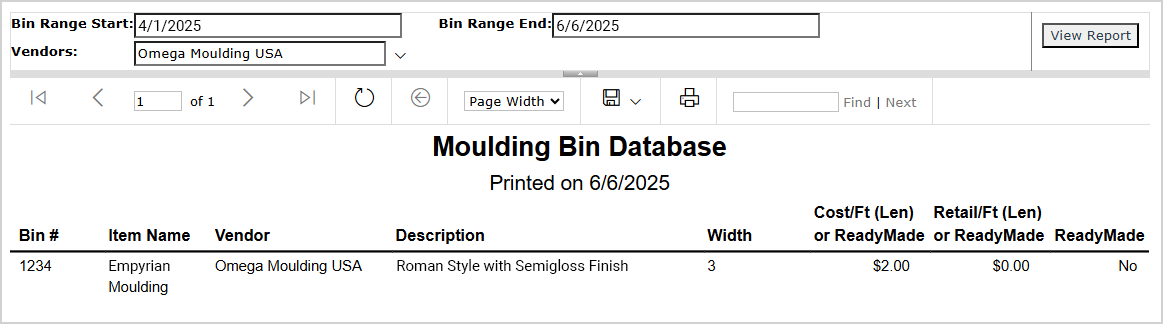 Image showing the Moulding Bin report page in the LifeSaver system.