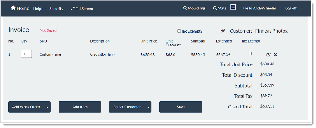Image showing an Invoice for a Work Order in the LifeSaver system.