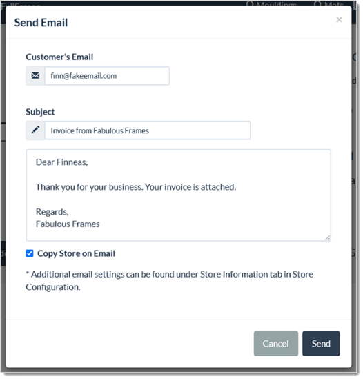 Image showing the Send Email window for an Invoice in the LifeSaver system.