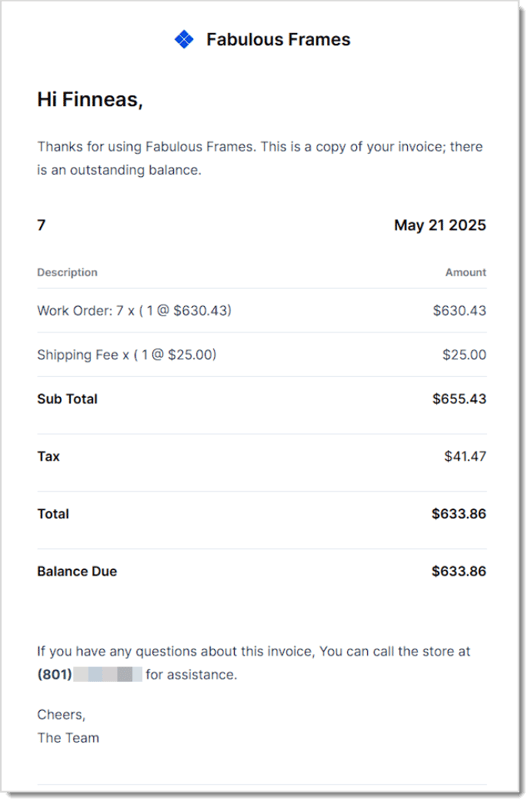 Image showing the system-generated email from a digital Invoice in the LifeSaver system.