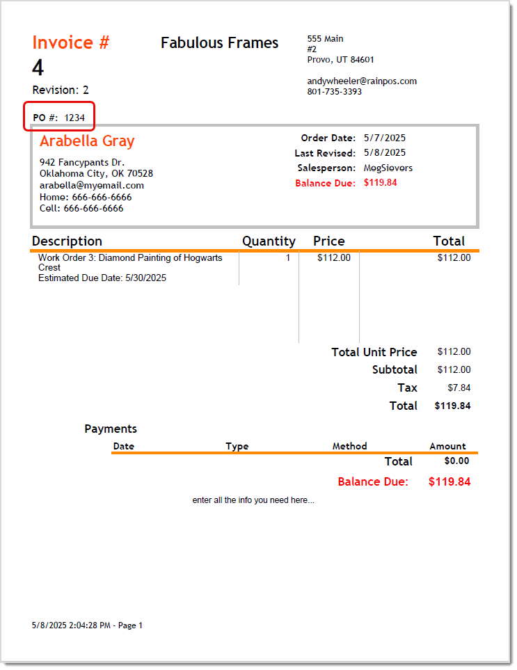 Image showing an example of where to find a PO number on a printed LifeSaver invoice.