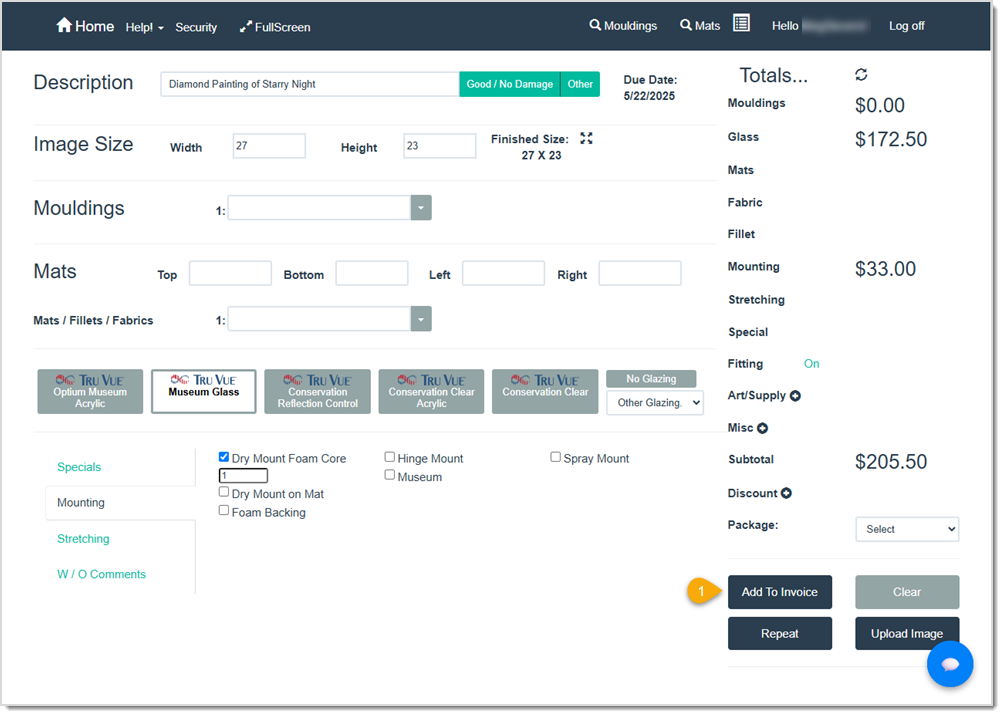 Image showing the button to click on a Work Order to access the Invoice window in LifeSaver.