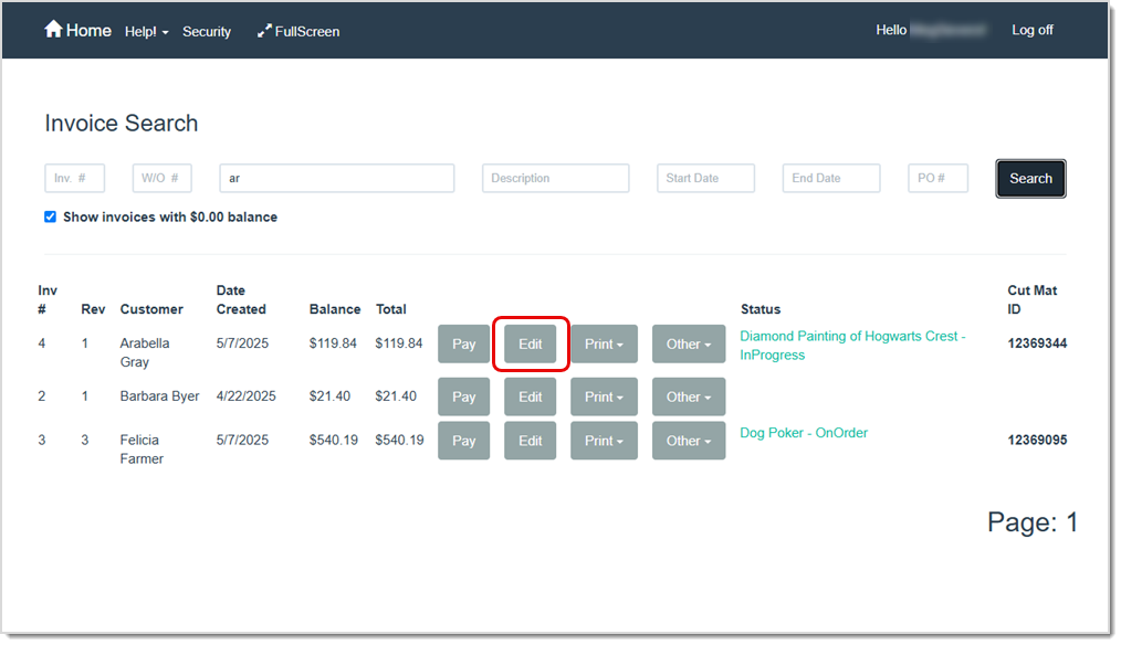 Image showing how to access the Invoice window from the Invoice Search window when adding a PO number to an invoice in LifeSaver.