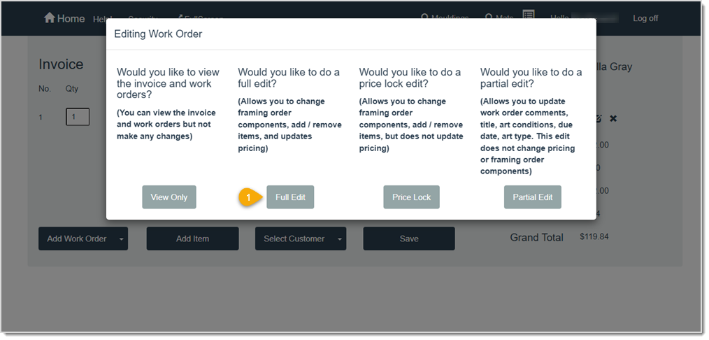 Image showing the Full Edit selection on the Editing Work Order window when you add a PO Number to an Invoice in LifeSaver.
