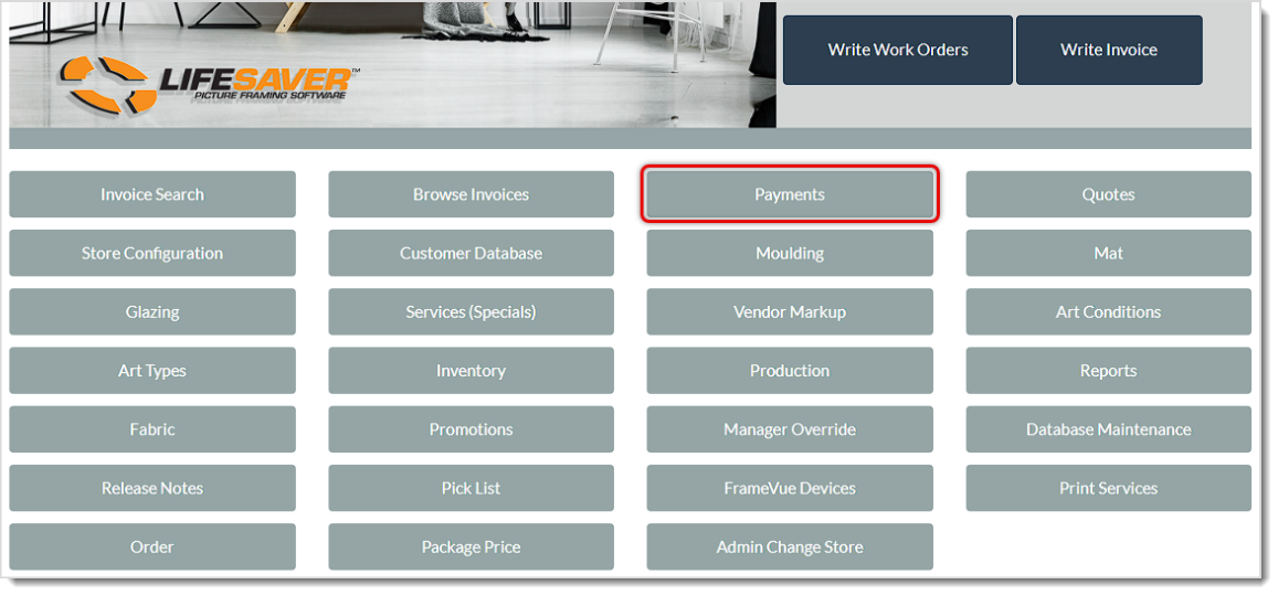 Image showing the Payments button of the LifeSaver system’s Home page.