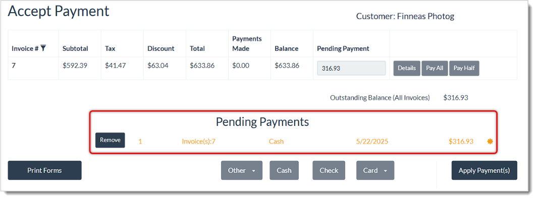 Image showing a pending payment on the Accept Payment page of the LifeSaver system.