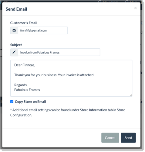 Image showing the Send Email window for an Invoice in the LifeSaver system.