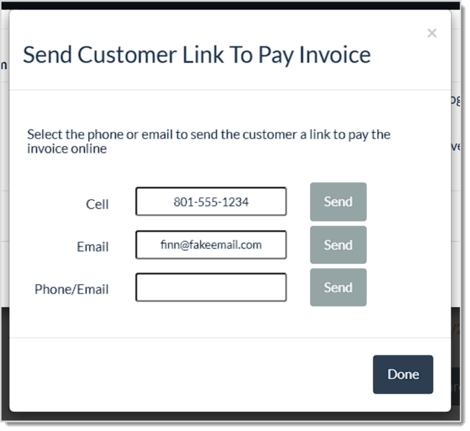 Image showing the options when sending a link to pay to a customer in the LifeSaver system.
