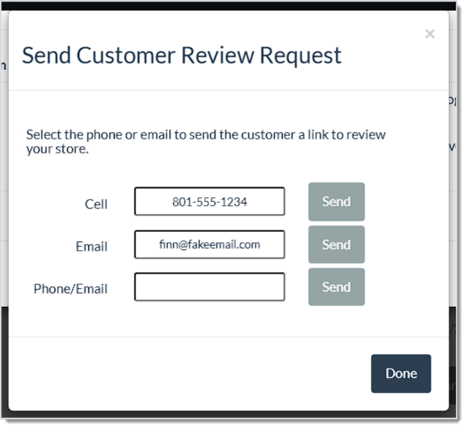 Image showing the options for sending a customer a review request in the LifeSaver system.