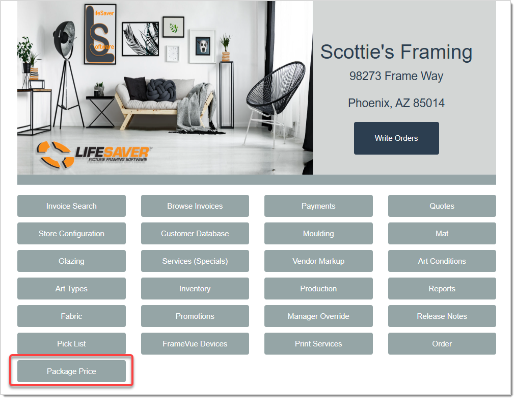 Image displaying the LifeSaver Home page, highlighting the Package Price button.